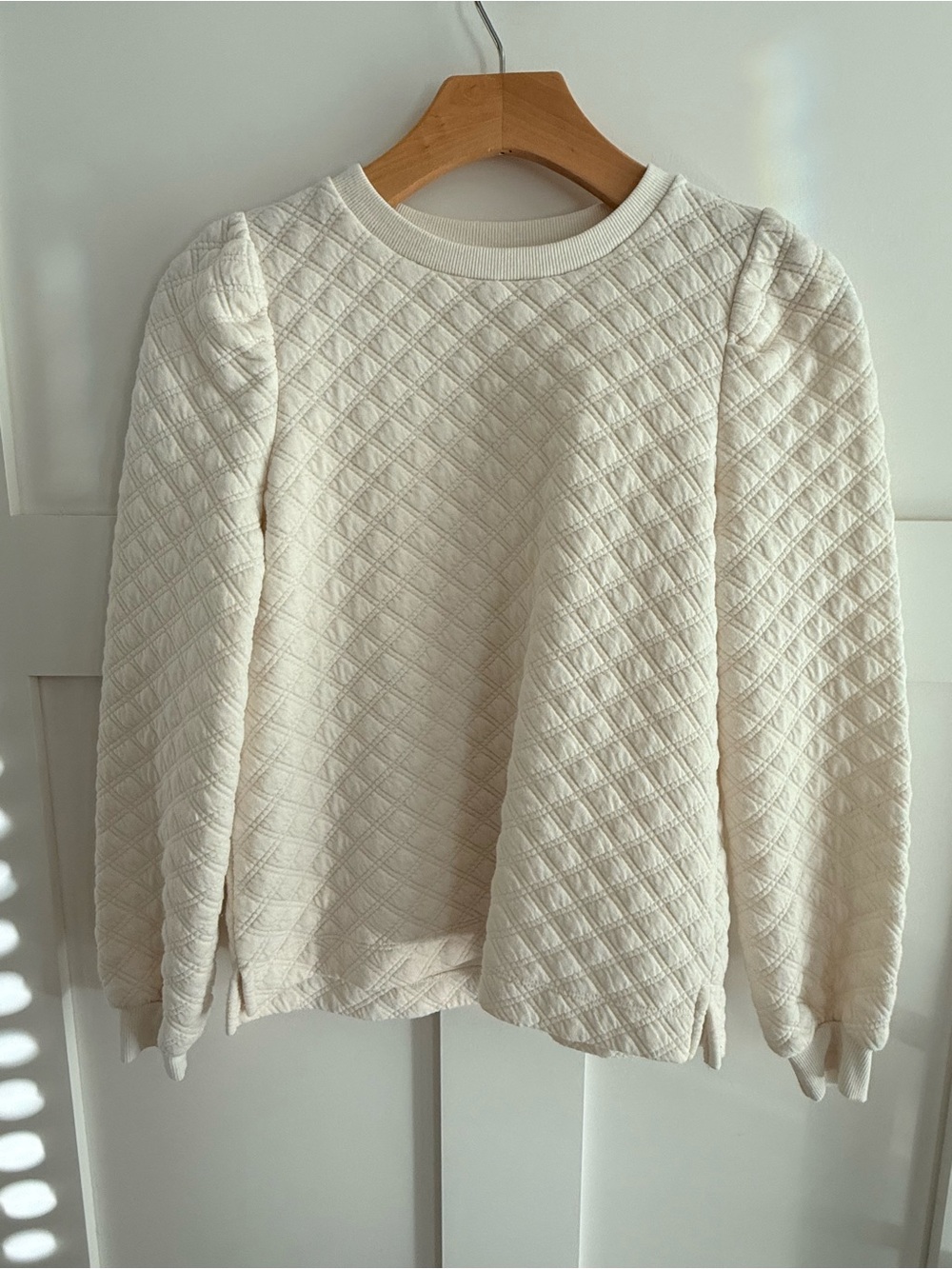 LOFT Cream Quilted Puff-Sleeve Crewneck Sweater